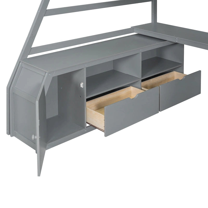 Full Size Loft Bed with Desk, 7 Drawers and 2 Shelves