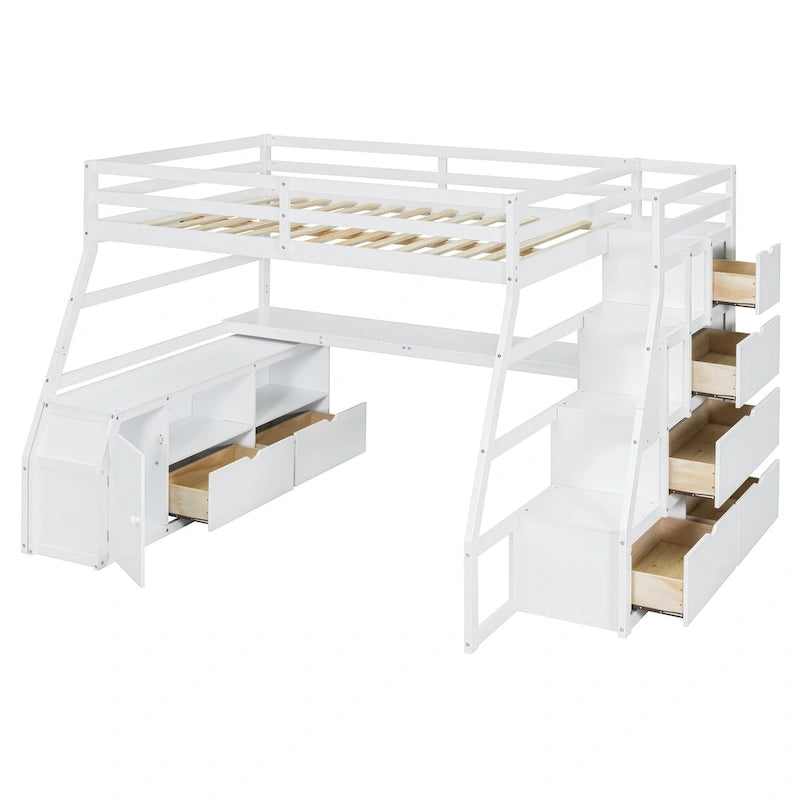 Full Size Loft Bed with Desk, 7 Drawers and 2 Shelves
