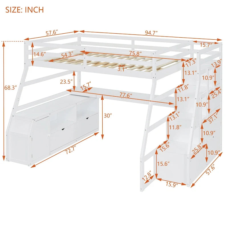 Full Size Loft Bed with Desk, 7 Drawers and 2 Shelves