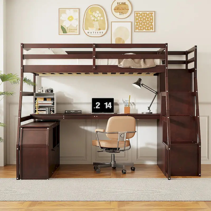 Full Size Loft Bed with Desk, 7 Drawers and 2 Shelves