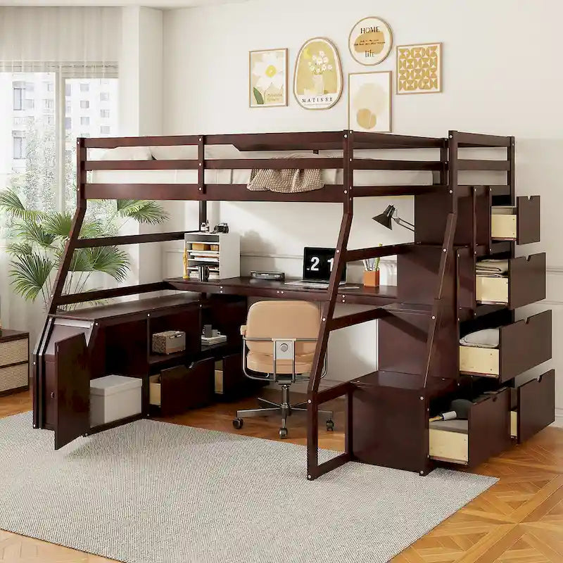 Full Size Loft Bed with Desk, 7 Drawers and 2 Shelves
