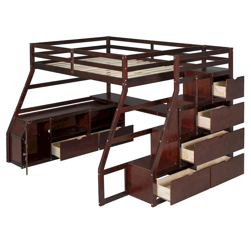 Full Size Loft Bed with Desk, 7 Drawers and 2 Shelves