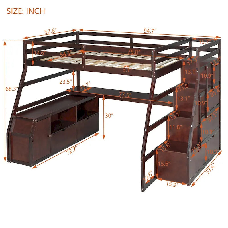 Full Size Loft Bed with Desk, 7 Drawers and 2 Shelves