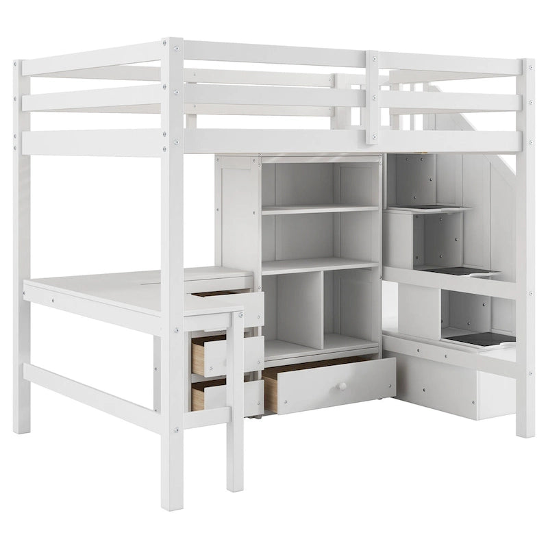 Full Size Loft Bed with L-Shaped Desk and Drawers, Cabinet and Storage Staircase, Gray
