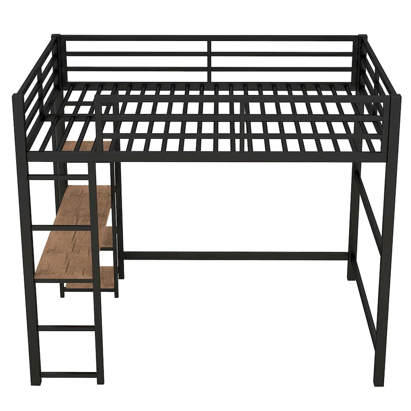 Full Size Metal Loft Bed with Built-in Desk and Storage Shelves, Black