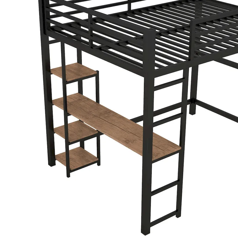 Full Size Metal Loft Bed with Built-in Desk and Storage Shelves, Black