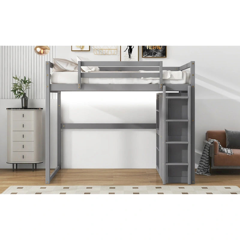 Wood Full Size Loft Bed with Built-in Wardrobe & Storage Shelves, Led light, Bunk Bed Frame w/Slats Support No Box Spring Needed