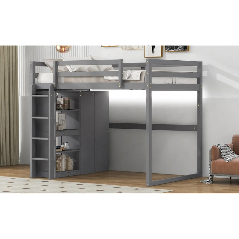 Wood Full Size Loft Bed with Built-in Wardrobe & Storage Shelves, Led light, Bunk Bed Frame w/Slats Support No Box Spring Needed