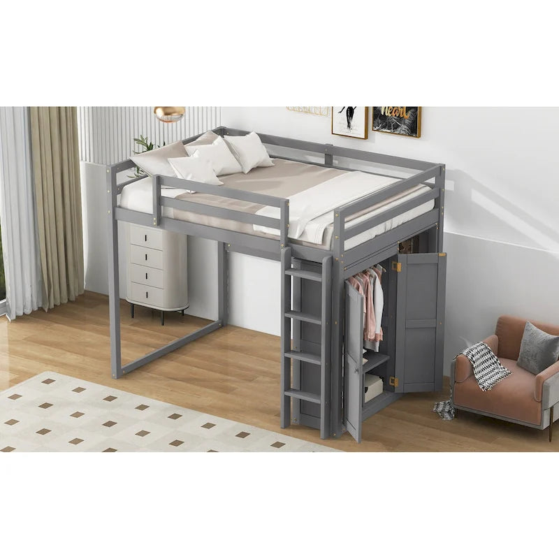 Wood Full Size Loft Bed with Built-in Wardrobe & Storage Shelves, Led light, Bunk Bed Frame w/Slats Support No Box Spring Needed