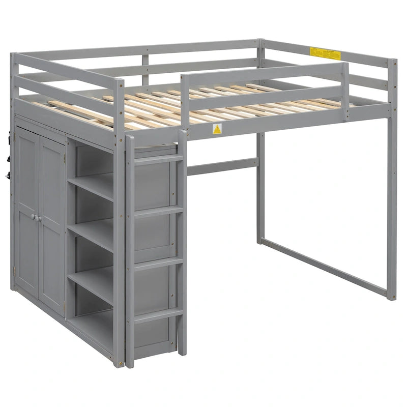 Wood Full Size Loft Bed with Built-in Wardrobe & Storage Shelves, Led light, Bunk Bed Frame w/Slats Support No Box Spring Needed