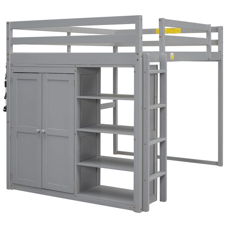 Wood Full Size Loft Bed with Built-in Wardrobe & Storage Shelves, Led light, Bunk Bed Frame w/Slats Support No Box Spring Needed