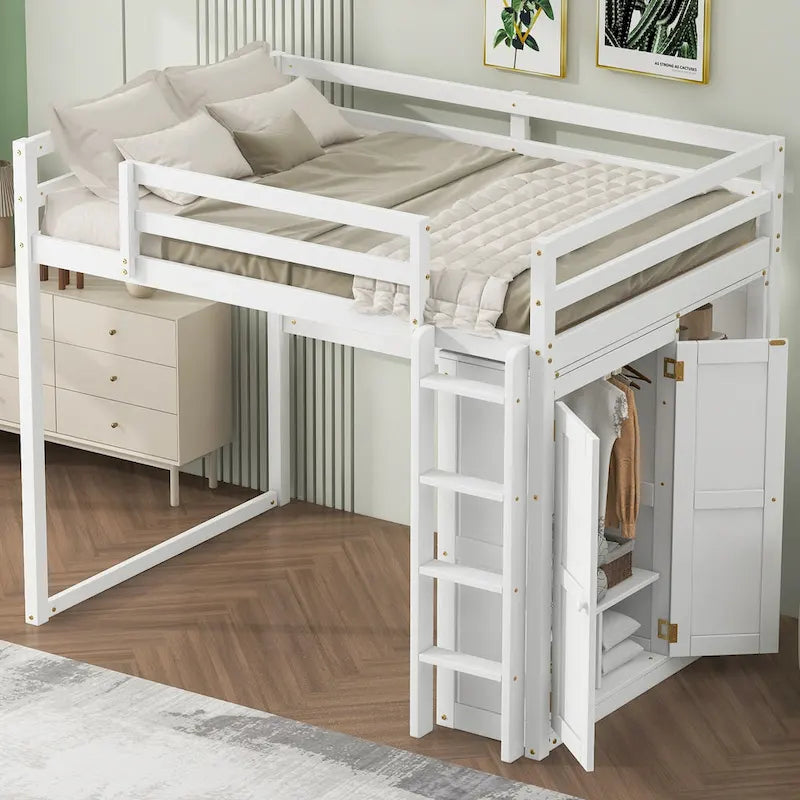 Wood Full Size Loft Bed with Built-in Wardrobe & Storage Shelves, Led light, Bunk Bed Frame w/Slats Support No Box Spring Needed