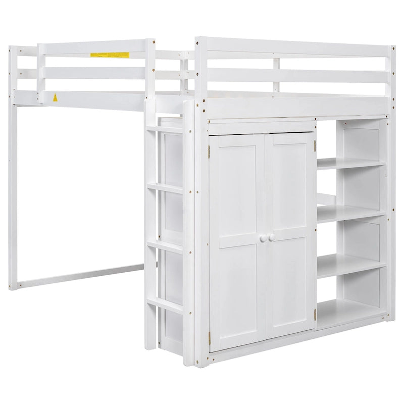 Wood Full Size Loft Bed with Built-in Wardrobe & Storage Shelves, Led light, Bunk Bed Frame w/Slats Support No Box Spring Needed
