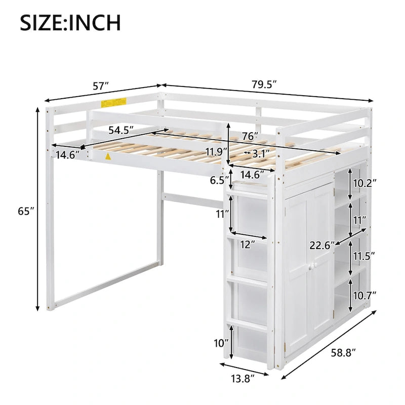 Wood Full Size Loft Bed with Built-in Wardrobe & Storage Shelves, Led light, Bunk Bed Frame w/Slats Support No Box Spring Needed