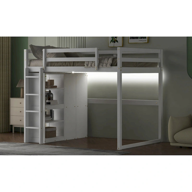 Wood Full Size Loft Bed with Built-in Wardrobe & Storage Shelves, Led light, Bunk Bed Frame w/Slats Support No Box Spring Needed