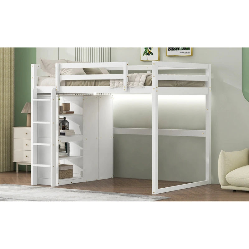 Wood Full Size Loft Bed with Built-in Wardrobe & Storage Shelves, Led light, Bunk Bed Frame w/Slats Support No Box Spring Needed