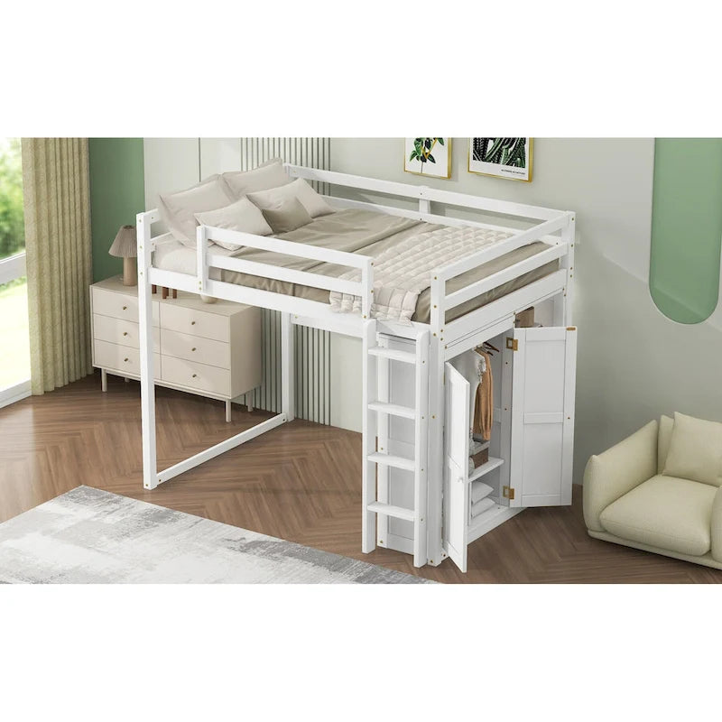 Wood Full Size Loft Bed with Built-in Wardrobe & Storage Shelves, Led light, Bunk Bed Frame w/Slats Support No Box Spring Needed