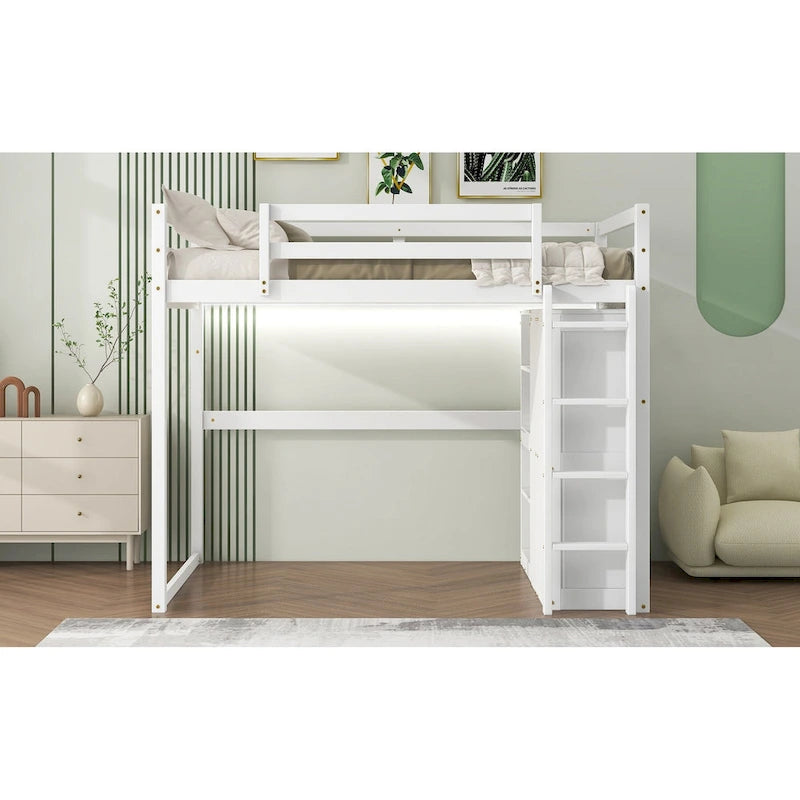 Wood Full Size Loft Bed with Built-in Wardrobe & Storage Shelves, Led light, Bunk Bed Frame w/Slats Support No Box Spring Needed