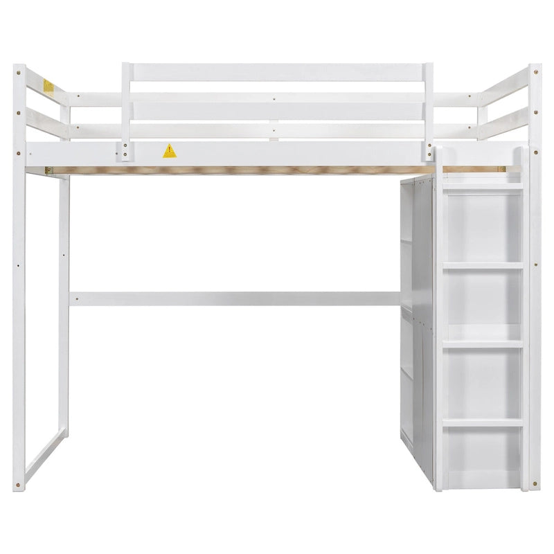 Wood Full Size Loft Bed with Built-in Wardrobe & Storage Shelves, Led light, Bunk Bed Frame w/Slats Support No Box Spring Needed