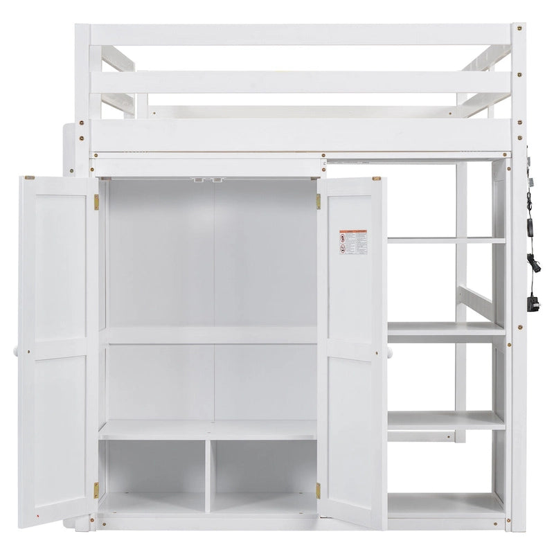 Wood Full Size Loft Bed with Built-in Wardrobe & Storage Shelves, Led light, Bunk Bed Frame w/Slats Support No Box Spring Needed