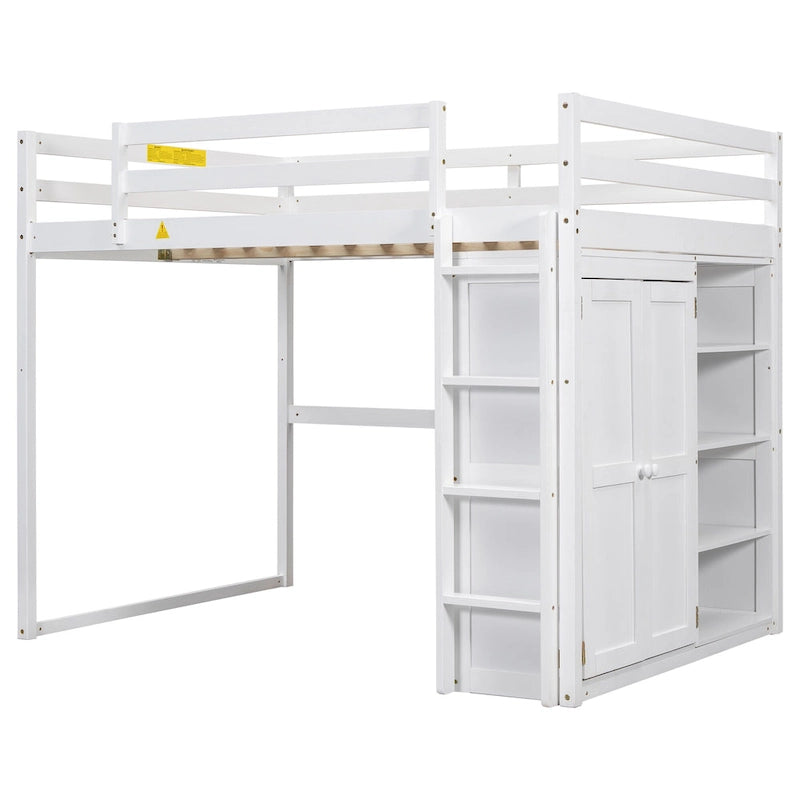 Wood Full Size Loft Bed with Built-in Wardrobe & Storage Shelves, Led light, Bunk Bed Frame w/Slats Support No Box Spring Needed
