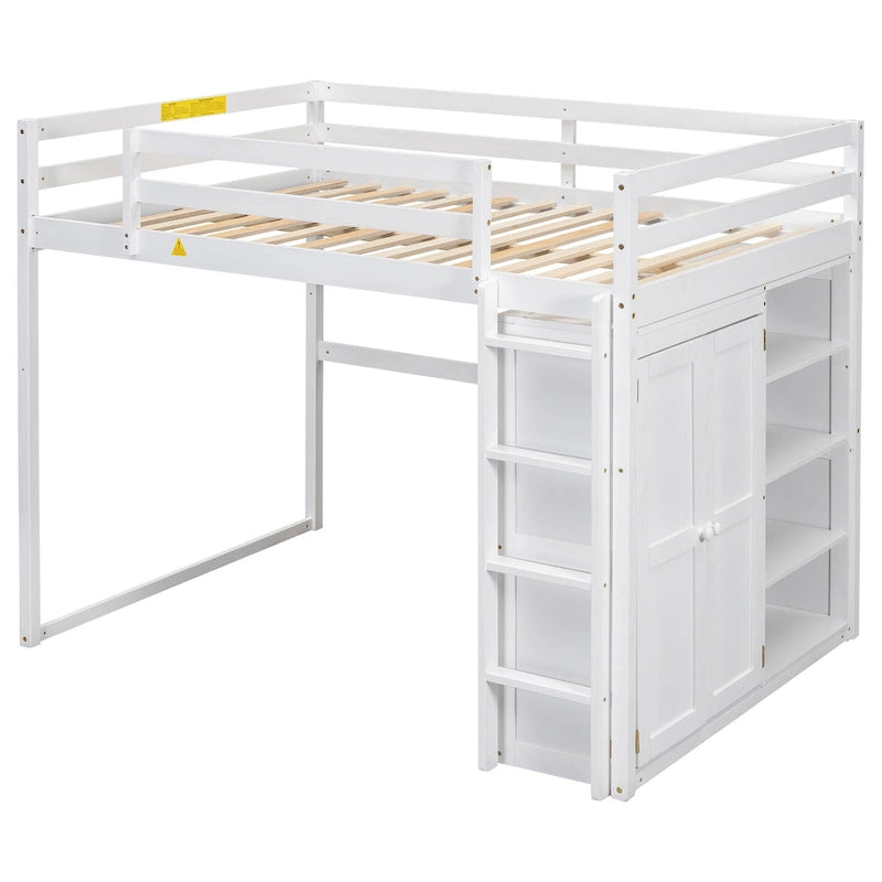 Wood Full Size Loft Bed with Built-in Wardrobe & Storage Shelves, Led light, Bunk Bed Frame w/Slats Support No Box Spring Needed