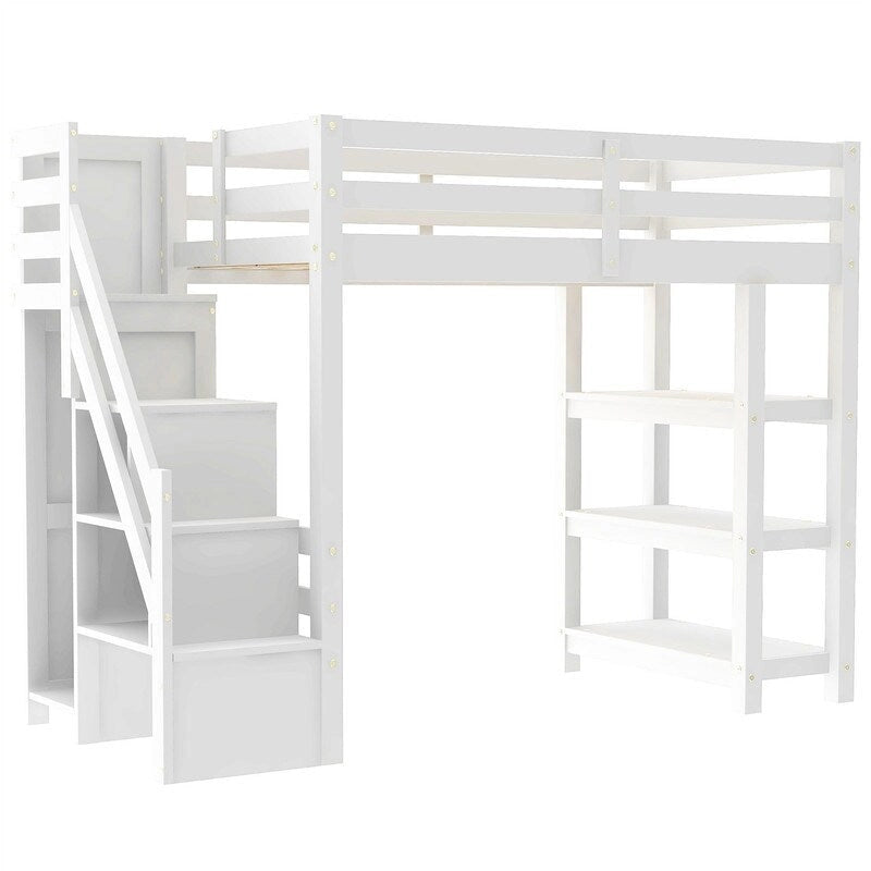 Twin/Full Size Loft Bed with Small Wardrobe, LED Light and Storage Staircase, Wooden Loft Bedframe with Storage Shelves for Kids