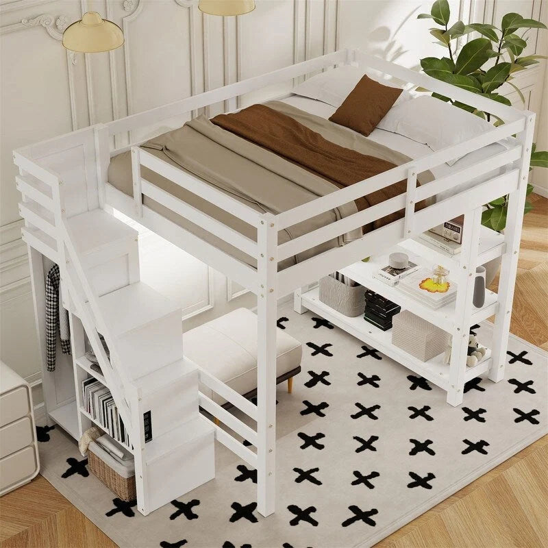Twin/Full Size Loft Bed with Small Wardrobe, LED Light and Storage Staircase, Wooden Loft Bedframe with Storage Shelves for Kids