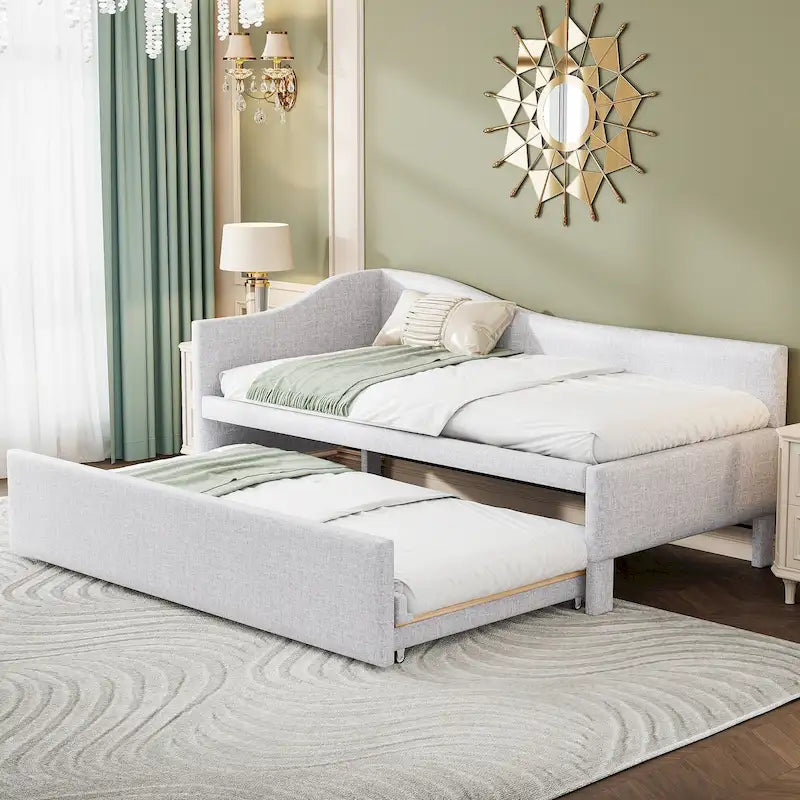 L-Shaped Backrest Platform Bed, Twin to King Extendable Daybed, Linen Upholstered Low Profile Panel Bed with Pop Up Trundle