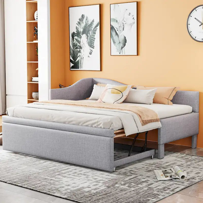 L-Shaped Backrest Platform Bed, Twin to King Extendable Daybed, Linen Upholstered Low Profile Panel Bed with Pop Up Trundle