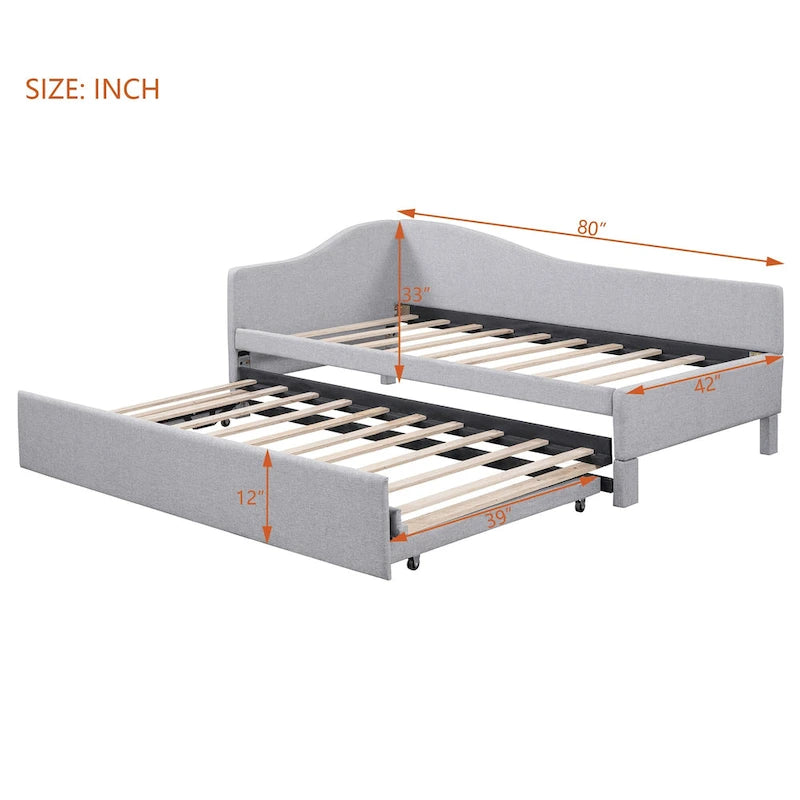 L-Shaped Backrest Platform Bed, Twin to King Extendable Daybed, Linen Upholstered Low Profile Panel Bed with Pop Up Trundle