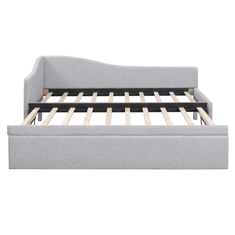 L-Shaped Backrest Platform Bed, Twin to King Extendable Daybed, Linen Upholstered Low Profile Panel Bed with Pop Up Trundle