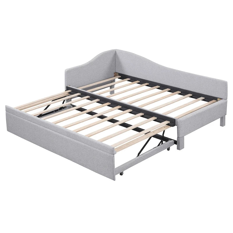 L-Shaped Backrest Platform Bed, Twin to King Extendable Daybed, Linen Upholstered Low Profile Panel Bed with Pop Up Trundle