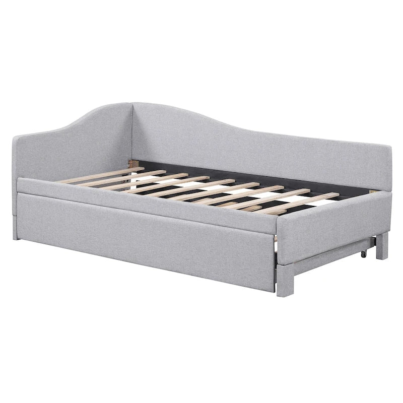L-Shaped Backrest Platform Bed, Twin to King Extendable Daybed, Linen Upholstered Low Profile Panel Bed with Pop Up Trundle