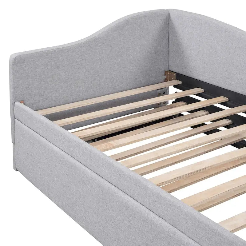 L-Shaped Backrest Platform Bed, Twin to King Extendable Daybed, Linen Upholstered Low Profile Panel Bed with Pop Up Trundle