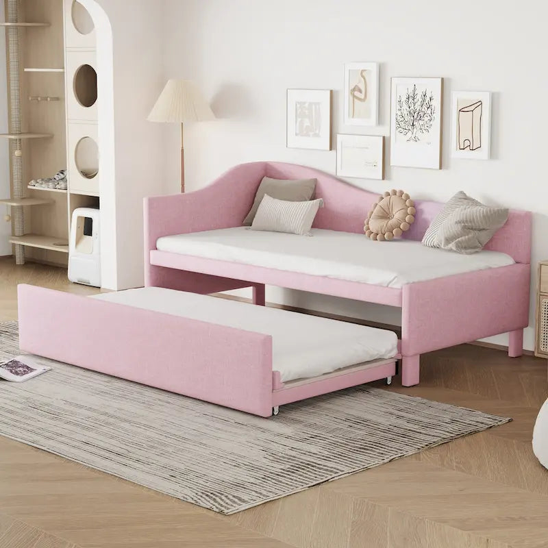 L-Shaped Backrest Platform Bed, Twin to King Extendable Daybed, Linen Upholstered Low Profile Panel Bed with Pop Up Trundle
