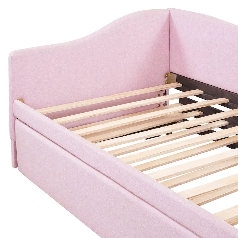 L-Shaped Backrest Platform Bed, Twin to King Extendable Daybed, Linen Upholstered Low Profile Panel Bed with Pop Up Trundle