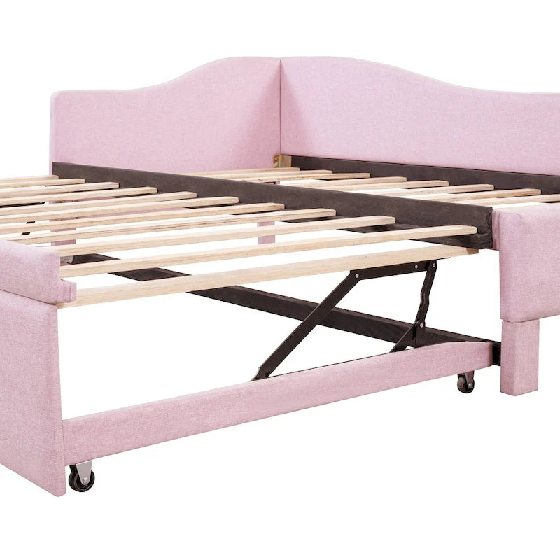 L-Shaped Backrest Platform Bed, Twin to King Extendable Daybed, Linen Upholstered Low Profile Panel Bed with Pop Up Trundle