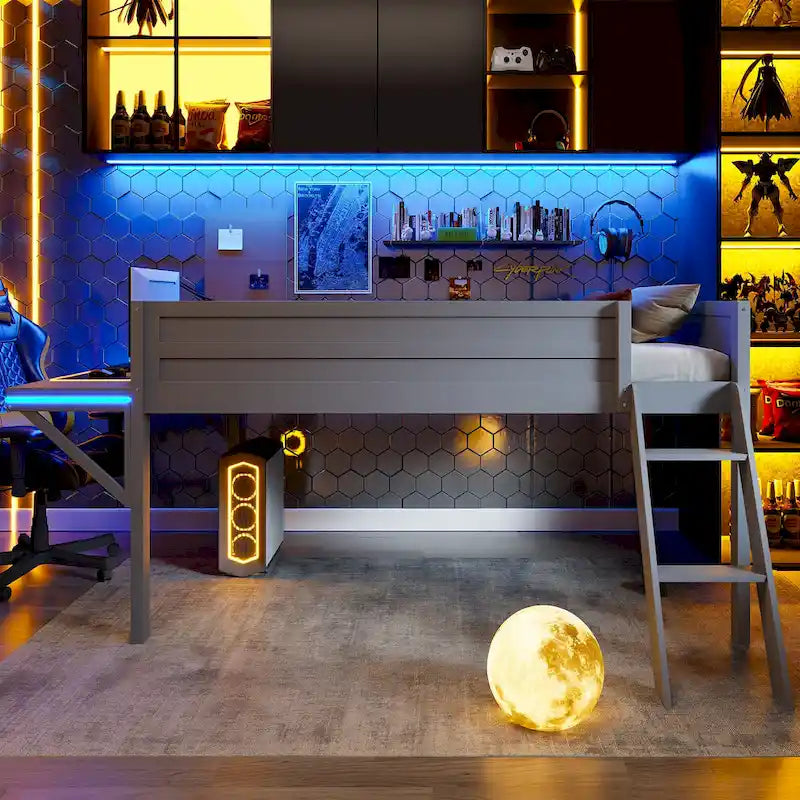 Low Loft Bed with Integrated Desk and LED Lights, Wood Gaming Loft Bed Frame with Angled Ladder, for Kids Girls Boys