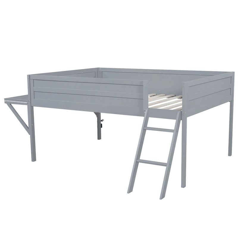 Low Loft Bed with Integrated Desk and LED Lights, Wood Gaming Loft Bed Frame with Angled Ladder, for Kids Girls Boys