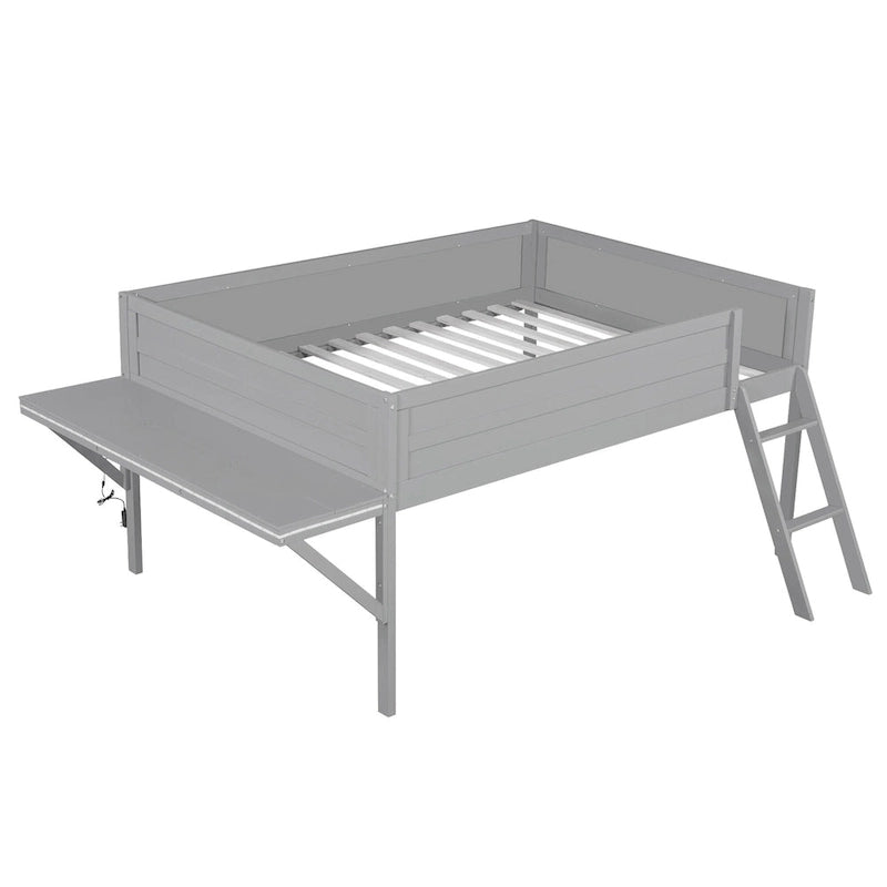 Low Loft Bed with Integrated Desk and LED Lights, Wood Gaming Loft Bed Frame with Angled Ladder, for Kids Girls Boys