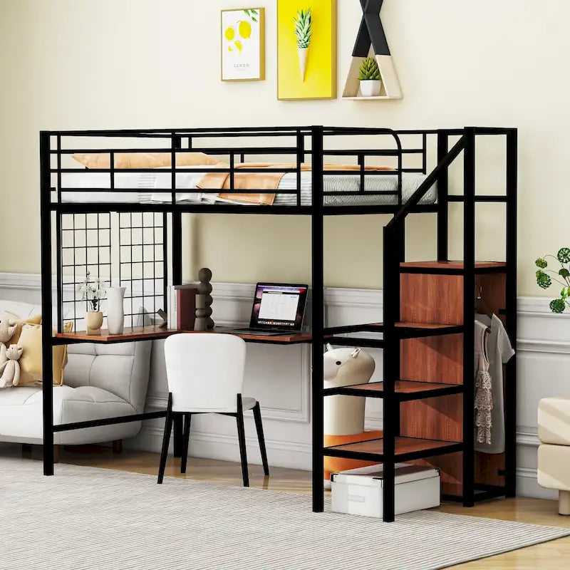 Twin Size Metal Loft Bed with Desk & Metal Grid, Stylish Metal Frame Bed with Lateral Storage Ladder & Wardrobe, Black