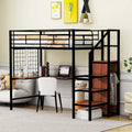 Twin Size Metal Loft Bed with Desk & Metal Grid, Stylish Metal Frame Bed with Lateral Storage Ladder & Wardrobe, Black