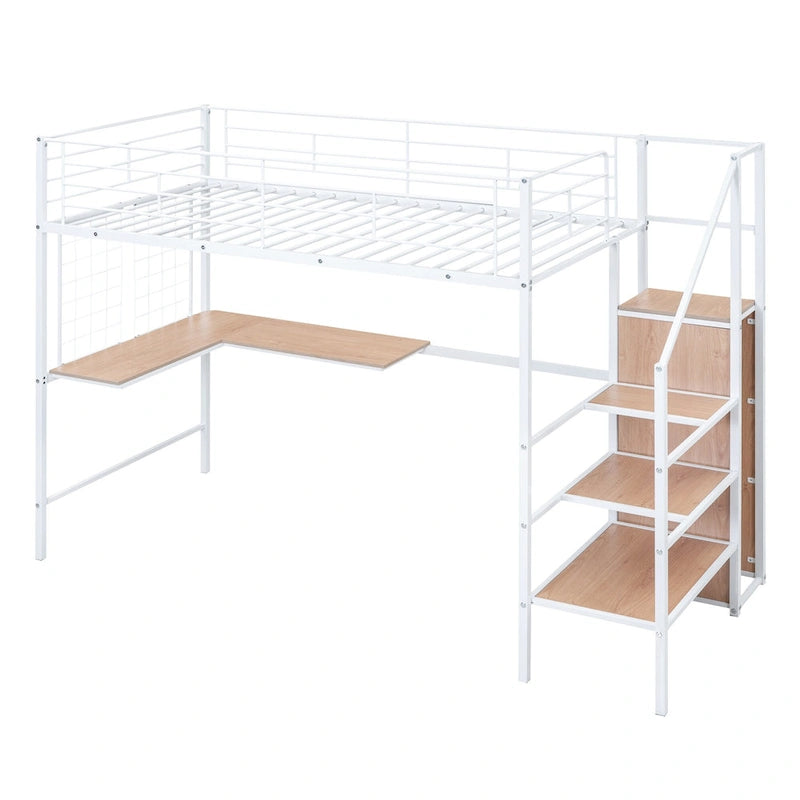 Twin Size Metal Loft Bed with Desk & Metal Grid, Stylish Metal Frame Bed with Lateral Storage Ladder & Wardrobe, Black