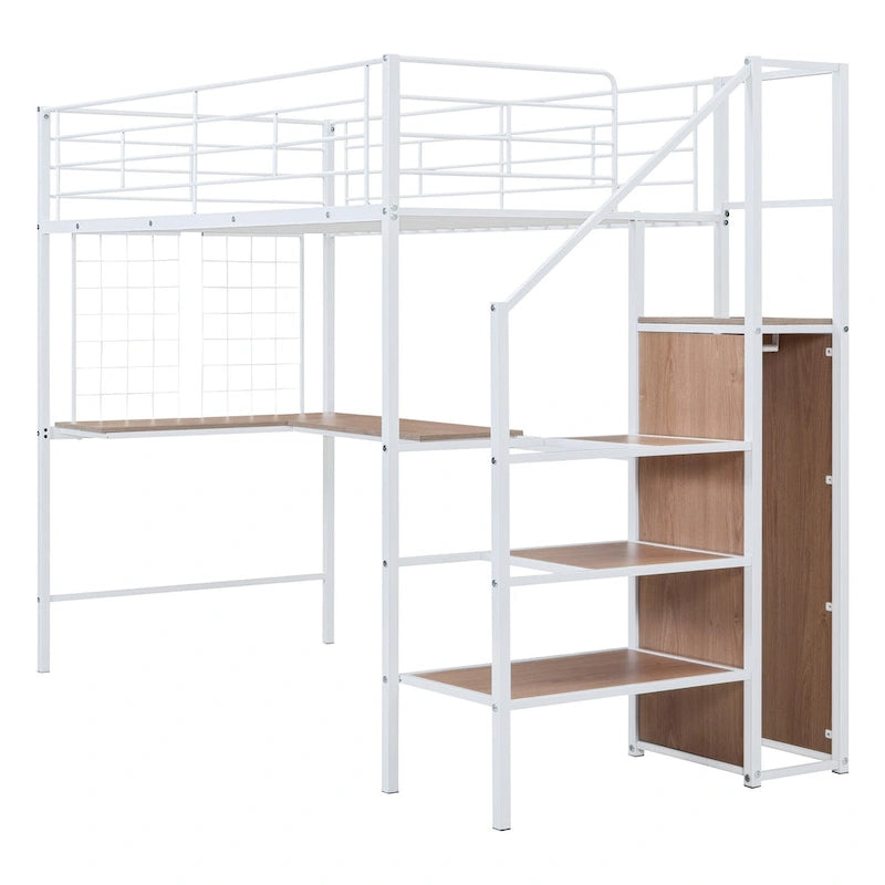 Twin Size Metal Loft Bed with Desk & Metal Grid, Stylish Metal Frame Bed with Lateral Storage Ladder & Wardrobe, Black