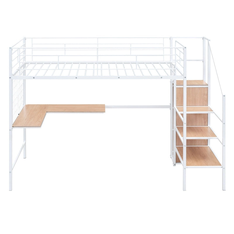 Twin Size Metal Loft Bed with Desk & Metal Grid, Stylish Metal Frame Bed with Lateral Storage Ladder & Wardrobe, Black