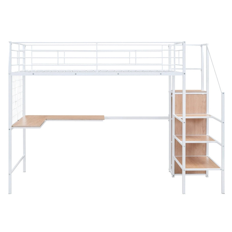 Twin Size Metal Loft Bed with Desk & Metal Grid, Stylish Metal Frame Bed with Lateral Storage Ladder & Wardrobe, Black