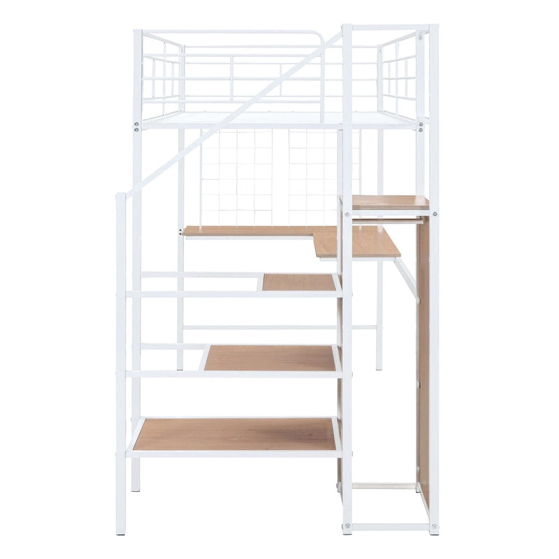 Twin Size Metal Loft Bed with Desk & Metal Grid, Stylish Metal Frame Bed with Lateral Storage Ladder & Wardrobe, Black