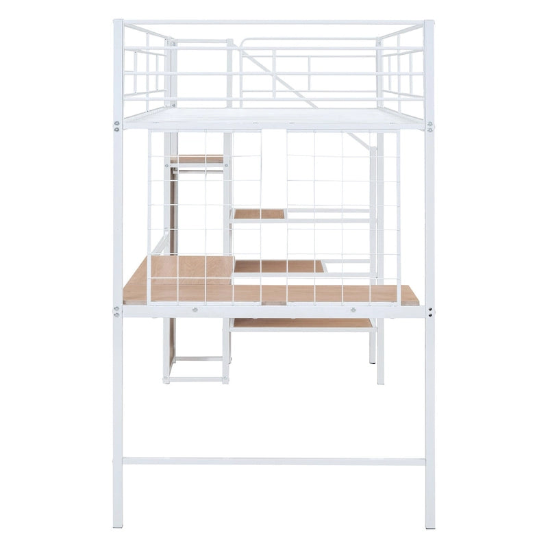 Twin Size Metal Loft Bed with Desk & Metal Grid, Stylish Metal Frame Bed with Lateral Storage Ladder & Wardrobe, Black
