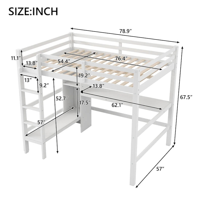 Full Size Loft Bed with Storage Shelves and Desk, Multi-functional Kids Bed Frame with Open Bookcase